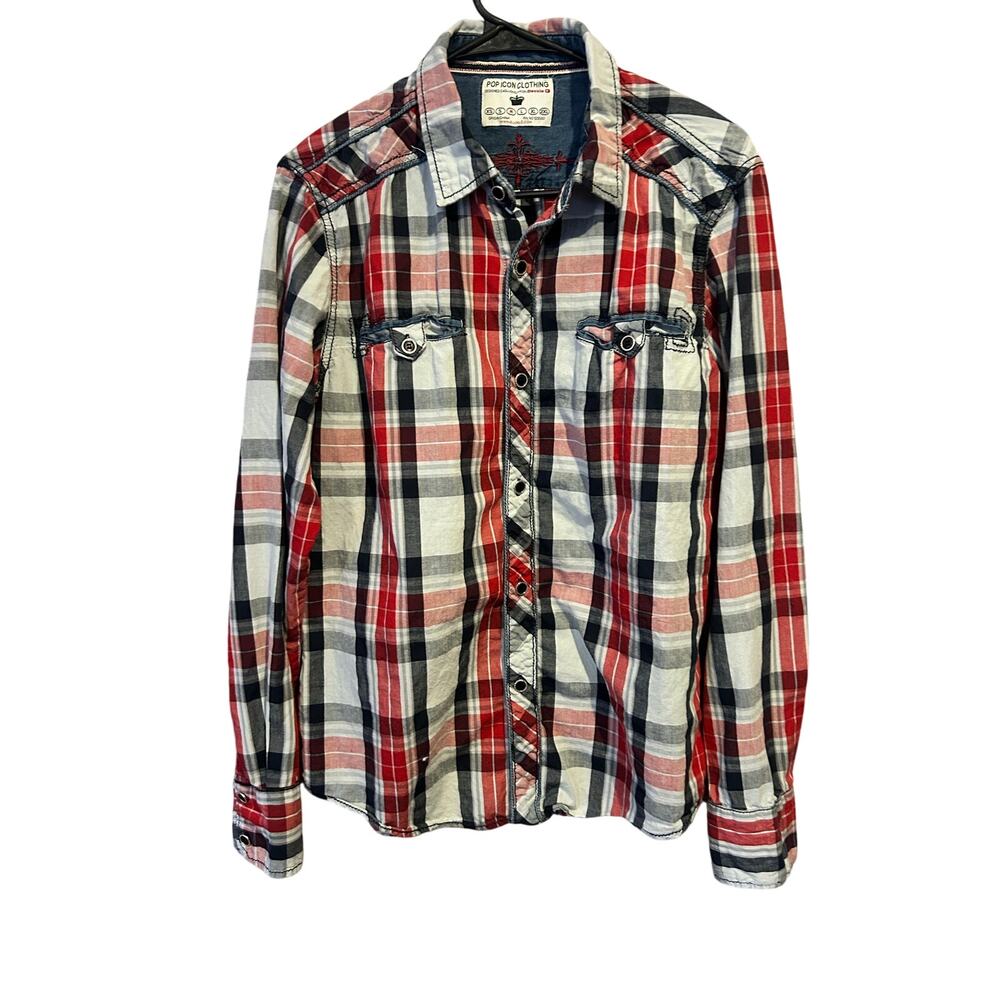 Pop Icon clothing buckle blue red long sleeve button up shirt men's size medium